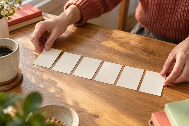 Two hands arrange six blank cream cards into a ranked row on a sunlit wooden table.