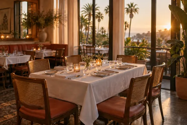 A table for six, set and waiting at golden hour, with palms outside the windows.